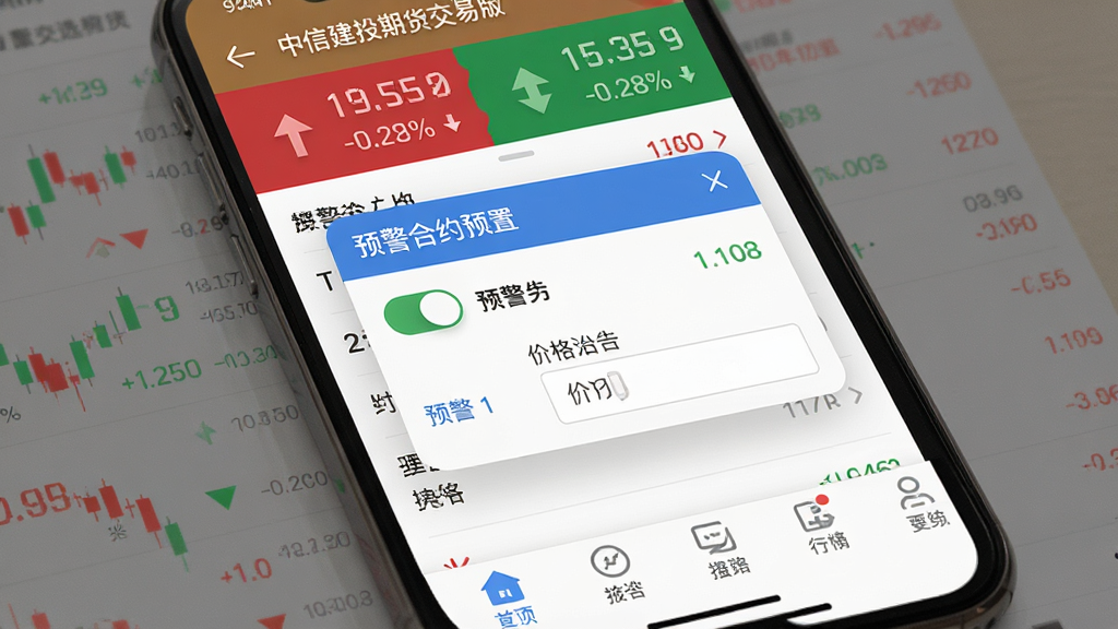 主体为一款名为“中信建投期货交易版”的智能手机APP界面截图,屏幕展示行情列表页面,顶部有红色上涨与绿色下跌的报价数字,中部显示自选合约的预警设置弹窗,底部为功能导航栏,布局采用标准移动端界面排版,风格扁平化设计,细节突出预警开关与价格输入框,画质高清,干净无多余元素