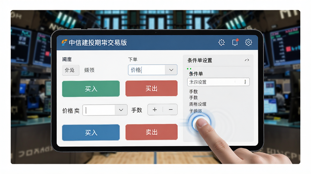 主体为“中信建投期货交易版”应用内的下单交易界面,屏幕上有买入卖出按钮、价格输入框、手数选择器,以及条件单设置面板,背景模拟期货交易大厅的电子屏幕,布局以界面截图为视觉中心,四周留白处理,风格写实结合UI扁平,细节包括手指点击操作的动态效果,画质高清,干净无多余元素