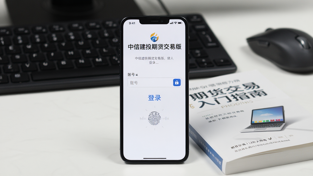 主体为一部智能手机竖屏显示“中信建投期货交易版”登录界面,屏幕上有账号输入框与指纹验证图标,手机旁边放置一张期货交易入门指南书籍,背景为模糊的电脑键盘与鼠标,布局采用中心对称构图,风格为商务实用风,细节包括屏幕提示消息与安全锁图标,画质高清,干净无多余元素