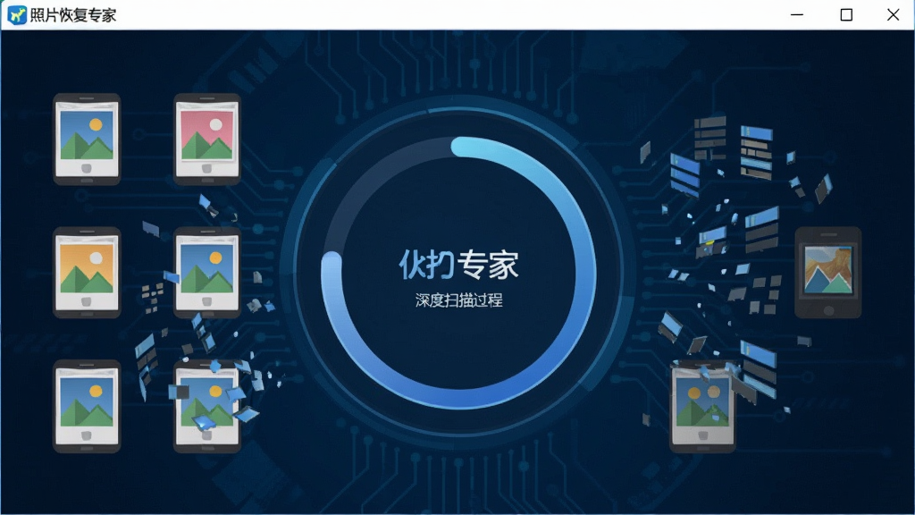 展示“照片恢复专家”软件深度扫描过程的界面截图,画面中央有一个圆形进度环,周围排列着手机相册图标与数据碎片动画,背景为深蓝色科技感纹理,整体布局居中,采用扁平化设计风格,细节丰富,画质高清,干净无多余元素