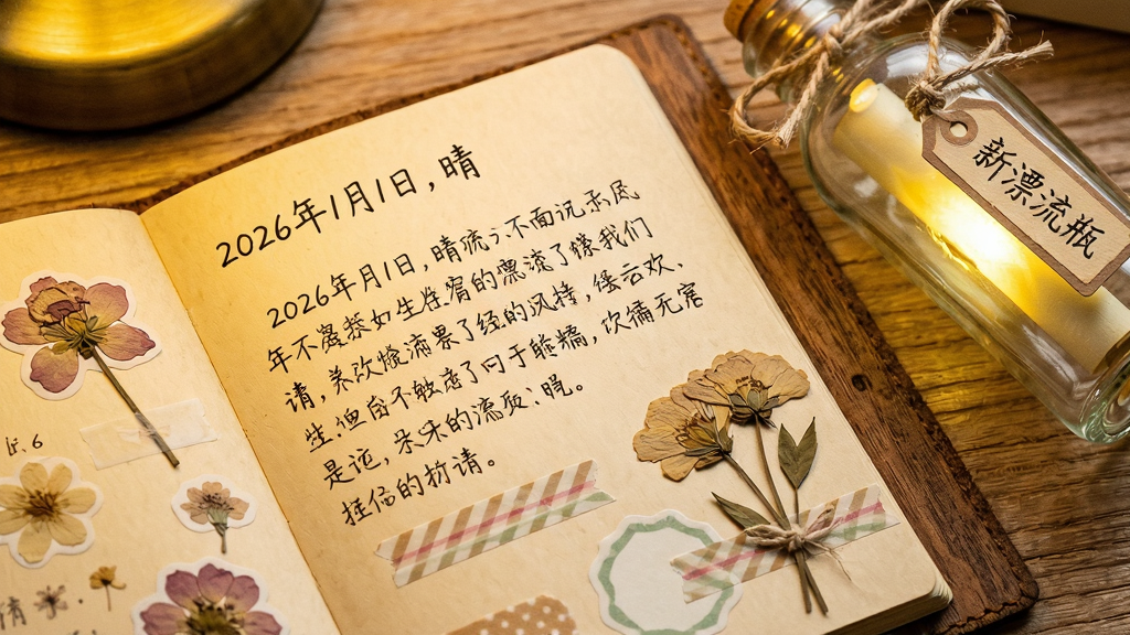 ���壺�򿪵�ľ���ռǱ���ҳ��д����д�����֣��Ա߷���һ������Ư��ƿ��ƿ�ڷ��⡣���֣��ռǱ�ռ��������֮����Ư��ƿ�����Ͻǡ��Ű棺��д������ҳ���С�2026��1��1�գ��硱��������񣺸������շ磬ů��ɫ�ƹ⣬ľ���ʸС�ϸ�ڣ��ռ�ҳ����ֽ�͸ɻ���ƿ��ϵ����������ǩд����Ư��ƿ�������ʣ�΢����Ӱ��ϸ�ڣ�����ɾ����޶���Ԫ�ء�