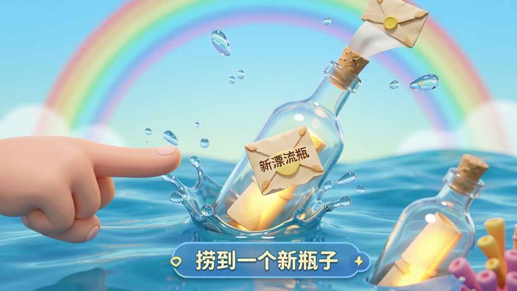 ���壺3D��ͨ���󳡾����û���ָ�����Ļ���Ӻ���������һ�������Ư��ƿ��ƿ��Ʈ���ŷ⡣���֣�����Ϊ�󺣣�ƿ�������½ǣ���ָ��������롣�Ű棺��̬���棬�С��̵�һ����ƿ�ӡ���ʾ���������ά��Ⱦ��дʵ�뿨ͨ��ϣ�ɫ��������ϸ�ڣ�ˮ�ηɽ���ƿ���ż�չ������ʾ����Ư��ƿ�������������вʺ硣���ʣ�������ʣ���Ӱ��Ȼ���ɾ��޶���Ԫ�ء�