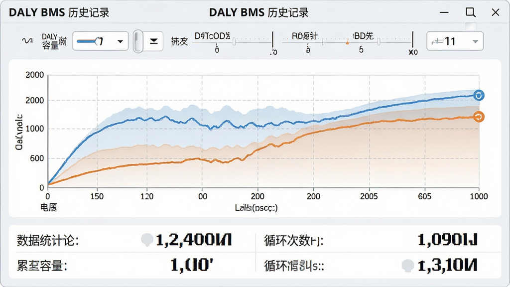 ���壺DALY BMSӦ�õ����ݼ�¼ͼ�����棬չʾ��س�ŵ���ʷ���ߡ����֣��Ϸ�Ϊʱ����ѡ���м�Ϊ��ѹ��������ͼ���·�Ϊ����ͳ���б��������ۼ�������ѭ���������Ű棺����ƽ����������������ͳ�������üӴ����塣���ǳɫ����������ͼ������Ϊ��ɫ���ɫ��������ǳ�ҡ�ϸ�ڣ���Ļ������ʾ��DALY BMS����ʷ��¼������ĩ���б�ǵ㡣���ʣ����壬�ɾ����޶���Ԫ�ء�