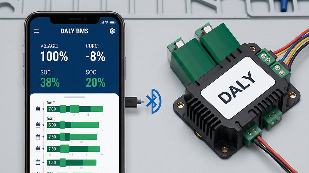 ���壺DALY BMSӦ�ý�����﮵�������ӵĳ�������������һ�������ֻ�չʾ�ŵ�ع��������棬�Ϸ���ʾ�ܵ�ѹ��������SOC�ٷֱȣ��·�Ϊ������о��ѹ�������֣��ֻ�λ����࣬�Ҳ�Ϊ����DALY��ʶ�ĺ�ɫ�����壬ͨ�������ź�ͼ�����ӣ�����Ϊǳ��ɫ����̨���Ű棺���Ƽ��У���Ϣ�㼶�������������ô�����ͻ����ͼ�����������ɼ�������ִ���ƽ����ƣ���ɫ���������ɫΪ����������ɫ�������ݡ�ϸ�ڣ��ֻ���Ļ���С�DALY BMS�������������Ϊ�������ɫ��о��������������ɢ��Ƭ�������ߡ����ʣ������壬�ɾ����޶���Ԫ�ء�