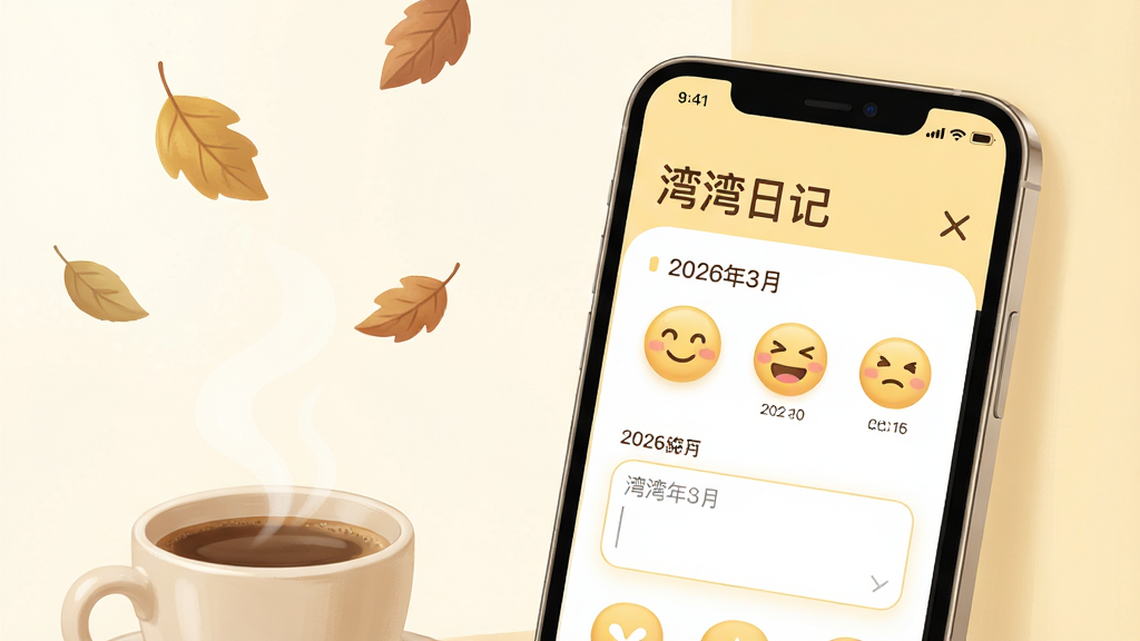 主体:一部亮着屏幕的智能手机,屏幕上清晰显示“湾湾日记”APP的首页界面,界面有日期、心情表情图标和文字输入框。布局:手机位于画面中央偏右,左侧留白处有几片飘落的树叶和一杯冒着热气的咖啡,营造安静氛围。排版:手机屏幕内容占视觉主体约60%,周围环境元素简洁不干扰。风格:写实与插画结合,色调温暖明亮,以淡黄色和米白色为主。细节:屏幕中可见“湾湾日记”四个字和“2026年3月”字样,界面图标圆润,整体画面干净无多余元素。画质:高清,光线柔和,画面干净无多余元素。