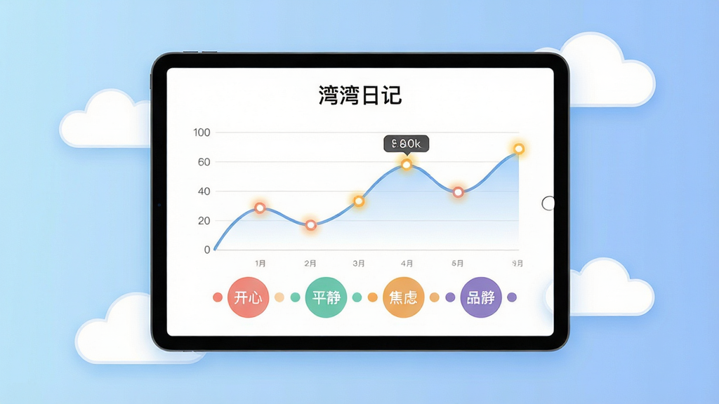 主体:一台平板电脑横屏显示“湾湾日记”的心情统计页面,页面包含一个折线图和几个彩色圆形标签(开心、平静、焦虑等)。布局:平板电脑位于画面中央,背景为柔和的渐变蓝色,四周有悬浮的白色云朵形状装饰。排版:统计页面布局整齐,折线图清晰可见,每个标签旁有对应颜色的小圆点。风格:扁平化设计风格,色彩温和。细节:页面顶部有“湾湾日记”字样,图表数据点有高亮显示,整体画面干净无多余元素。画质:高清,色彩过渡自然,画面干净无多余元素。