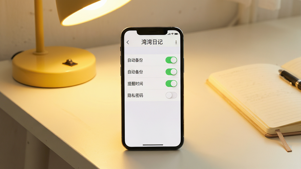 主体:一部手机放置在桌面上,屏幕显示“湾湾日记”的设置界面,界面上有“自动备份”、“提醒时间”、“隐私密码”等选项。布局:手机位于画面中央,背景为简洁的书桌一角,有一盏台灯和一本笔记本。排版:屏幕内容清晰,设置选项排列整齐。风格:写实风格,色调暖黄。细节:屏幕顶部有“湾湾日记”字样,设置开关为绿色,画面干净无多余元素。画质:高清,光线自然,画面干净无多余元素。