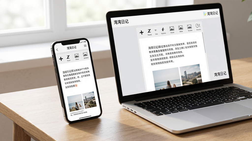主体:一部手机和一台笔记本电脑并排放在木质桌面上,手机屏幕和电脑屏幕均显示“湾湾日记”的图文编辑界面,界面中有文字段落和插入的照片。布局:手机位于左侧,电脑位于右侧,形成对角线构图,桌面整洁。排版:画面中两个屏幕的显示内容清晰可辨,文字编辑工具栏上有加粗、斜体、插入图片等图标。风格:明亮简约的现代办公风,自然光从窗户斜射进来。细节:屏幕角落有“湾湾日记”的Logo,界面以白色和浅灰色为主,整体画面干净无多余元素。画质:高清,细节丰富,画面干净无多余元素。