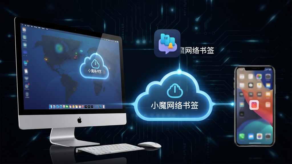 һ��չʾ���豸ͬ���ĳ���ͼ�������һ̨̨ʽ�����ұ���һ�������ֻ����м��÷�����ƶ�ͼ�����ӣ��ƶ˸��֡�Сħ������ǩ��Logo������Ϊ��ɫ�Ƽ��й�Ч������ͻ���豸����ͬ���������ƽ�⣬����ϸ��ɾ����޶������֡�