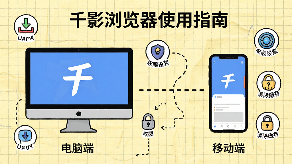 分步图解教程,主体为“千影浏览器”在电脑与手机上的安装与设置流程,画面左侧是电脑屏幕,右侧是智能手机,两者之间用虚线连接,下方分别标注“电脑端”与“移动端”,周围散布着下载、安装、权限设置、清除缓存等小图标,背景为淡黄色网格纸风格,整体布局清晰易懂,漫画风格,画质干净,无多余元素,图片内文字标注“千影浏览器使用指南”