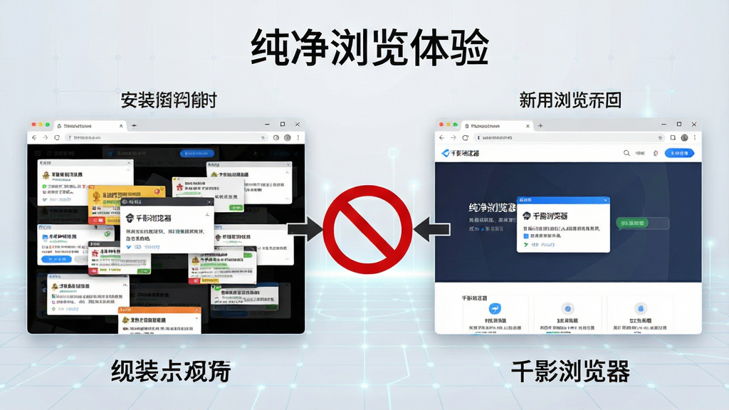 对比风格示意图,左侧画面为未安装拦截功能时浏览器页面布满杂乱广告弹窗的混乱场景,右侧画面为使用“千影浏览器”后同一网页变得干净整洁的清爽效果,左右两侧用箭头连接,中央显示一个醒目的红色禁止符号图标,背景为半透明的科技网格,整体布局清晰,风格简洁明了,画质高清,干净无多余元素,图片顶部标注“纯净浏览体验”