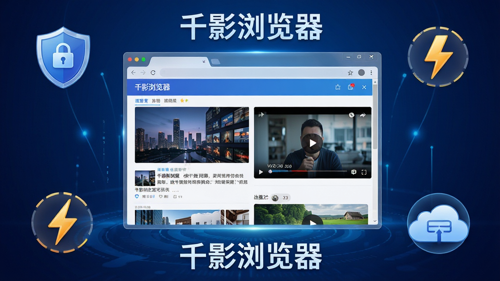 高清数字渲染风格的全景图,主体是“千影浏览器”软件的启动界面与功能预览拼贴,画面中央悬浮一个半透明的浏览器窗口,窗口内展示着极速加载的新闻资讯与视频播放画面,四周环绕着盾牌安全图标、闪电速度图标和云同步图标,布局错落有致,背景为深蓝色渐变科技感光效,整体排版大气,细节丰富,画质清晰,干净无多余元素,图片内文字标注“千影浏览器”