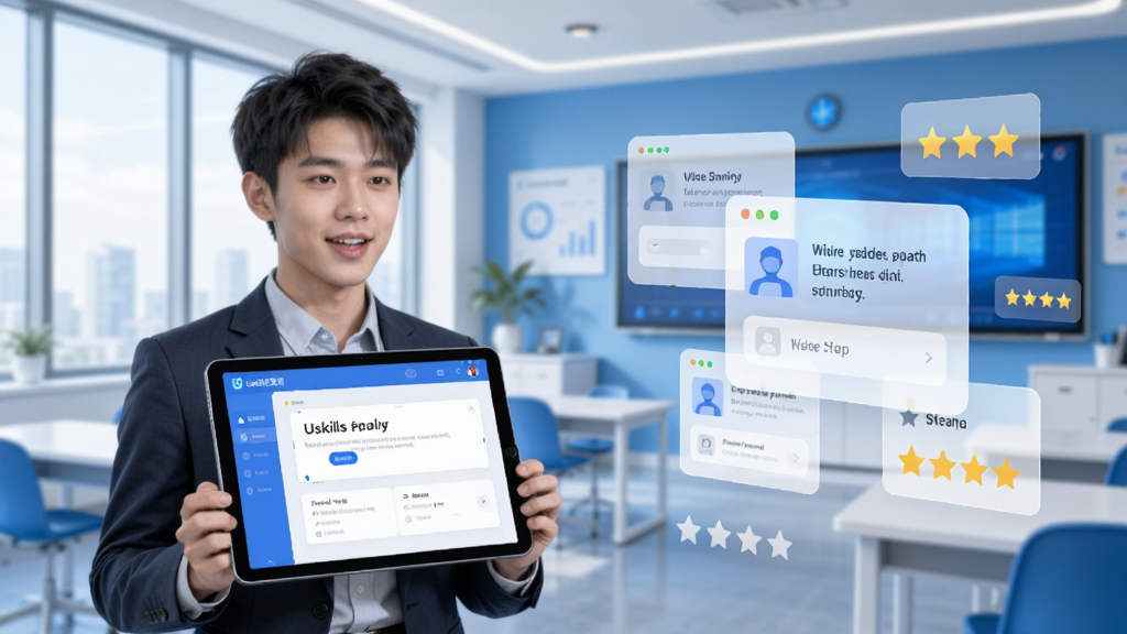 �������Ϊһ������ְҵװ������ѧԱ������ƽ����Խ���Ӣ�������ϰ����Ļ����ʾ��Uskillsʵѵ�������棬�Ҳ�Ϊ��͸���Ŀγ̿�Ƭ����������Ԫ�ظ������������ִ����ǻ۽��ң�����ͨ͸���������������ɫ������ƽ����Ʒ��UI������������������Ⱦ���ɾ��޶���Ԫ��