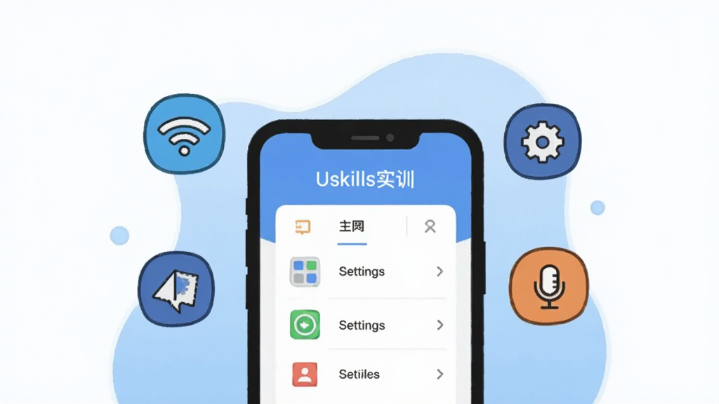 һ����Uskillsʵѵ��ʹ�ó����廭��ǰ��Ϊ�ֻ���Ļ����ʾӦ�����˵�����Χ��WiFi�����ó��֡���˷��Сͼ�껷�ƣ�����Ϊǳ��ɫ���䣬����Լ�ִ�����ͨ��ƽ�������ʸɾ��������޶�������