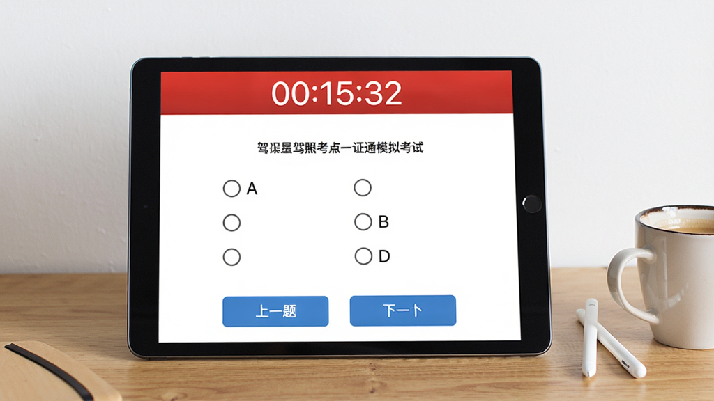 һ��ƽ����Ժ�����ʾ���տ���һ֤ͨģ�⿼�Խ��棬�����к�ɫ����ʱ00:15:32��������һ����ѡ�⣬�ĸ�ѡ��ֱ���A��B��C��D��ʶ����Ļ�·�����һ�����һ�����ɫ��ť��ƽ���Է���һ֧���رʺ�һ�����ȣ�����Ϊԭľɫ�������ǰ�ɫǽ�ڣ��������Լ���񣬹�ͼ�ȶ���ϸ�����������ʸɾ�