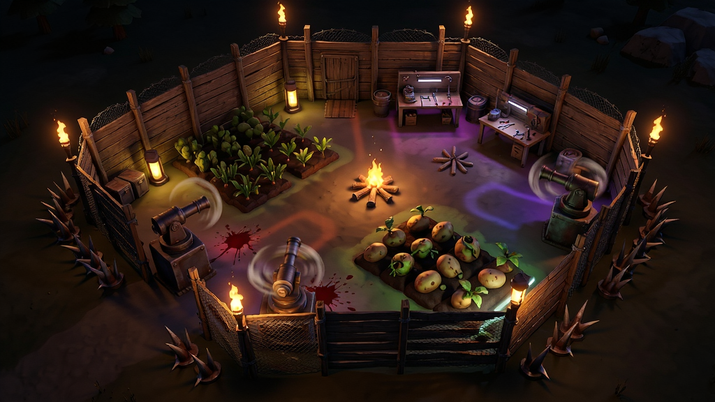 主体:夜晚,一座由木板与铁丝网搭建的临时基地,四周点燃火把,外沿布满尖刺陷阱与自动炮台。布局:俯瞰视角,基地呈不规则多边形,内部有小型农田、武器工作台与篝火。排版:基地结构清晰,各功能区用不同颜色的地灯区分。风格:废土朋克风,灯光温暖与周围黑暗形成对比。细节:炮台有旋转瞄准的动态,陷阱上残留血迹,农田里种着变异土豆。画质:全局光照渲染,明暗过渡自然,画面整洁无噪点。