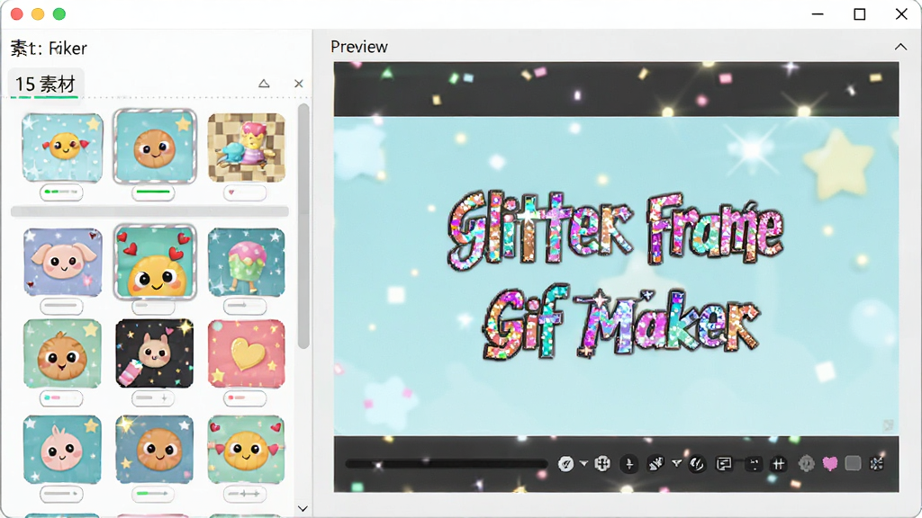 Glitter Frame Gif Maker��������Ԥ��ͼ��������չʾ���ܷ���������زĿ��б����Ҳ�Ԥ�����ڣ����������¼�࣬ɫ���������ɾ��޶���Ԫ�أ���������