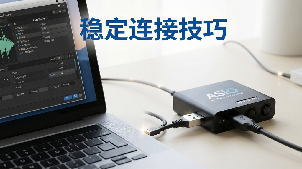 主体:一个笔记本电脑与一个外置USB音频接口连接,屏幕显示音频软件设置界面。布局:笔记本在左,音频接口在右,中间用USB线连接,背景为简洁的工作台。排版:在画面上方空白处用蓝色科技字体标注“稳定连接技巧”。风格:写实风格,光线明亮自然,浅色背景。细节:USB接口处有微弱高光,屏幕上的ASIO驱动面板清晰可见。画质:高清,对焦准确,干净,无多余元素。
