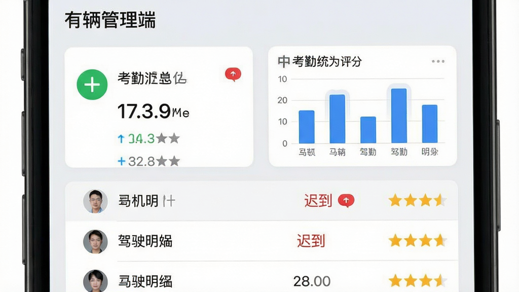 一张“有辆管理端”司机考勤数据表界面截图,主体为手机屏幕显示司机列表与考勤统计柱状图,布局为上下结构,上方是考勤汇总卡片,下方是司机明细行,风格为简洁商务报表风,细节包含绿色打卡图标、红色迟到标记、驾驶行为评分星级,整体色调浅灰配蓝色点缀,画质干净清晰,无多余元素