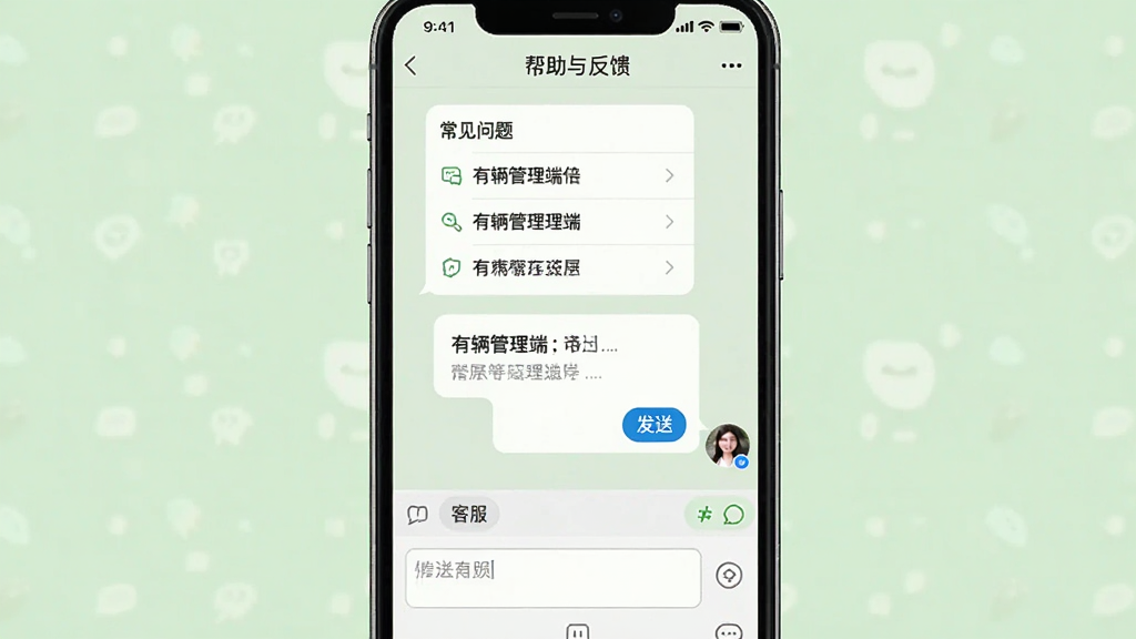 一张手机截图展示“有辆管理端”的“帮助与反馈”界面,主体为手机屏幕中央的对话框,上方有常见问题列表,下方有输入框,布局为垂直排列,风格为清爽的客服聊天界面,细节包括“发送”按钮、客服头像,背景为浅绿色,画质干净,无多余元素