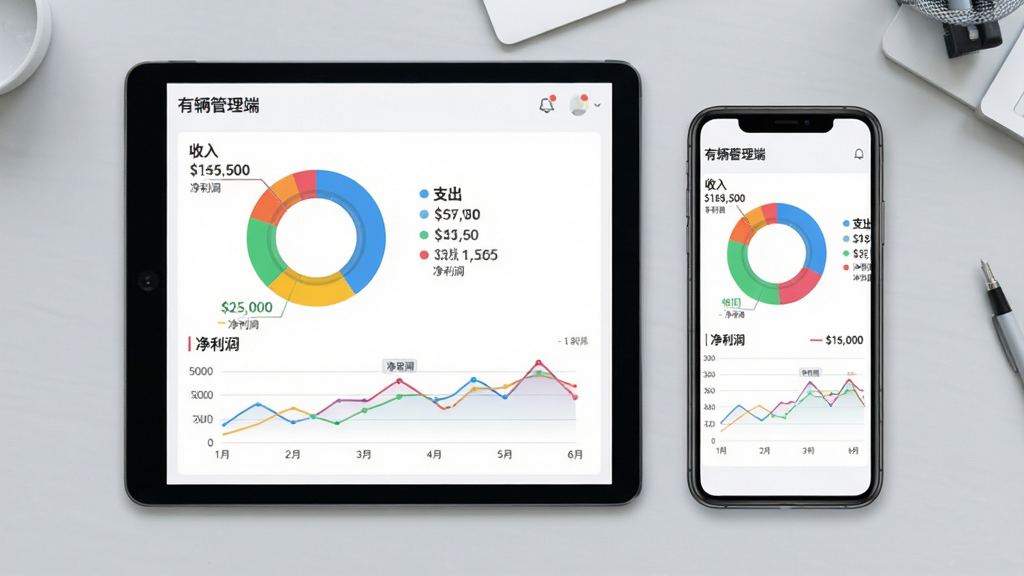 展示“有辆管理端”财务图表界面的图片,主体为平板电脑与手机并排显示,屏幕上是圆环图与折线图,布局为左右对称构图,风格为现代科技简约风,细节标注“收入”、“支出”、“净利润”等文字,饼图颜色鲜艳,背景为浅灰色办公桌面,画质清晰,无多余元素
