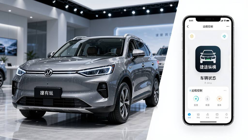 ���壺һ����;�ݺ�SUV����ͣ���ִ�����չ�����룬��ͷ��Ŀ�����֣���ռ��������ƫ���Ҳ����״���ʾ�ֻ���Ļ���棬��Ļ����Լ�ɼ�����;�ݺᡱAPPͼ�ꡣ�Ű棺�����ֻ��γɶԽ��߹�ͼ��ͻ��������������񣺿Ƽ��С��ɾ���������ҵ��漶��Ⱦ��ϸ�ڣ��������淴����Χ�ƹ⣬�ֻ���Ļ������ʾ����״̬���棬�������ֿɶ���Զ�̿��ơ�������״̬�������ʣ�8K���ɾ����޶���Ԫ�ء�