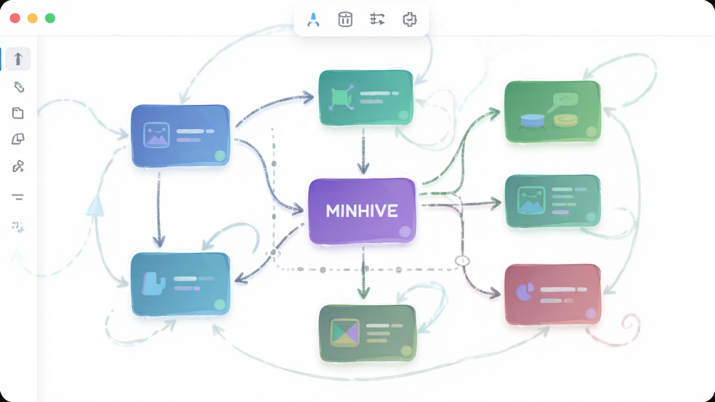 һ��չʾMindhive˼ά��ͼ���ɲ��ֹ��ܵĽ����ͼ���廭�������ж����ͬ��ɫ�Ľڵ㿨Ƭɢ���ڻ����ϣ����м�ͷ�����ߣ�����������ק���������е����ԡ�����Ϊ�����İ�ɫ�������������м��Ĺ�����ͼ�꣬��������ˬ������ǿ�����������ɸ��������ԣ����ʸ��壬�޶���װ�Ρ�