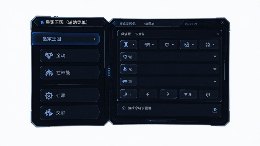 主体:游戏辅助工具悬浮面板展开图,布局:左侧为功能列表,右侧为详细设置区,排版:对称式分区,风格:未来科技感UI,细节:面板上显示“皇家王国(辅助菜单)”与多个功能图标,画质:高清,干净,无多余元素