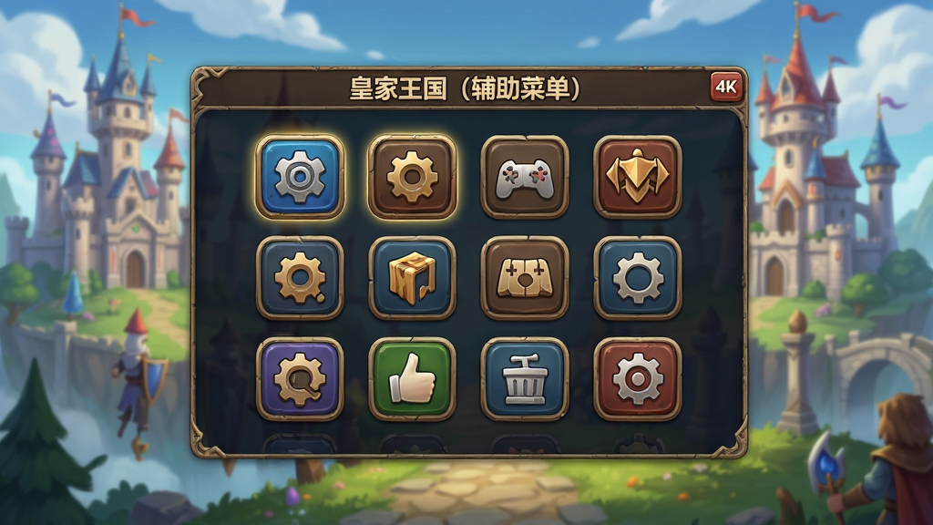 主体:游戏辅助工具界面悬浮窗在奇幻王国场景上,布局:中心位置展示功能菜单图标,排版:图标网格排列,风格:卡通写实结合,细节:界面有“皇家王国(辅助菜单)”字样,画质:4K高清,干净,无多余元素