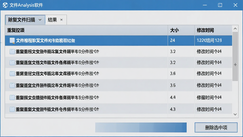 FileAnalysis�����ظ��ļ�ɨ�������棬�����г��ظ��ļ��飬ÿ������ļ�·������С���޸�ʱ�䣬����ײ��С�ɾ��ѡ�����ť�������������࣬��ɫΪ���ң�����ɾ��޶���Ԫ�أ���������