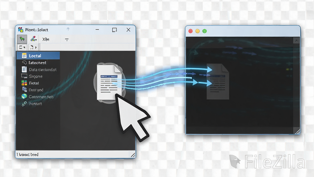 ��дFileZilla������ק�����ļ�����˲�䣬����϶��ļ�����౾�ش������Ҳ�Զ�̴��ڣ���̬������ʾ���ݴ��䣬����Ϊǳ��ɫ���񣬽���Ԫ��������ǿ����������Ч�ԣ��������ơ�FileZilla����ˮӡ��ʽ���ڽ��䣬���������ɾ�