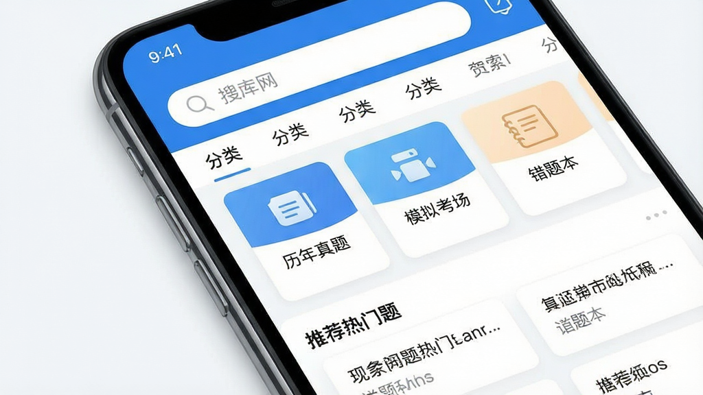 һ��չʾ�����APP���Ľ���ĸ����ͼ������Ϊһ�������ֻ���Ļ��д����Ļ��������ʾ����������棬����Ϊ�Ϸ�����������ർ�����м������Կ�Ƭ��ʽ���������š��������⡱����ģ�⿼�����������Ȿ���Ⱥ��Ĺ�����ڣ��·�Ϊ�Ƽ�����������б������������ִ�������ɫ�Ͱ�ɫΪ��ɫ��������UI��ƾ��£����������ɾ����޶���Ԫ��