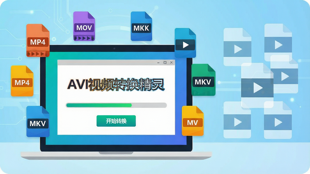 ���壺һ̨�ʼǱ�������Ļ��ʾAVI��Ƶת�������ת�����棬������������ע��AVI��Ƶת�����顱��������Χ������MP4��MOV��MKV�ȸ�ʽͼ�ꡣ���֣�����λ�ڻ�������ƫ���Ҳ��а�͸������Ƶ�ļ�ͼ�����С��Ű棺ǰ��Ϊ�����������棬����Ϊǳ��ɫ�Ƽ��н��䡣��񣺱�ƽ���廭���ɫ�����졣ϸ�ڣ������н������͡���ʼת������ť����Ƶ�ļ�ͼ����в��ŷ��š����ʣ����壬�ɾ����޶���Ԫ�ء�