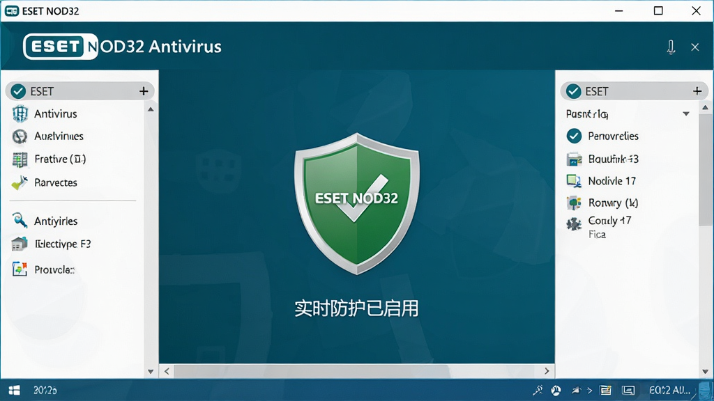 ���壺ESET NOD32 Antivirus ���������ڵ�����Ļ�ϵ�չʾ������ɾ���࣬��ɫ��Ϊ����ɫ���ɫ��䣬������ʾ��ʵʱ���������á�����ɫ����ͼ�꣬����Ϊ��׼���������������Ű棬��������ֲ����ܲ˵��б������Ϊ�ִ�����ƽ����ƣ�ϸ�ڰ����������������ơ�ESET NOD32 Antivirus�����������ʸ��壬�ɾ��޶���Ԫ�ء�