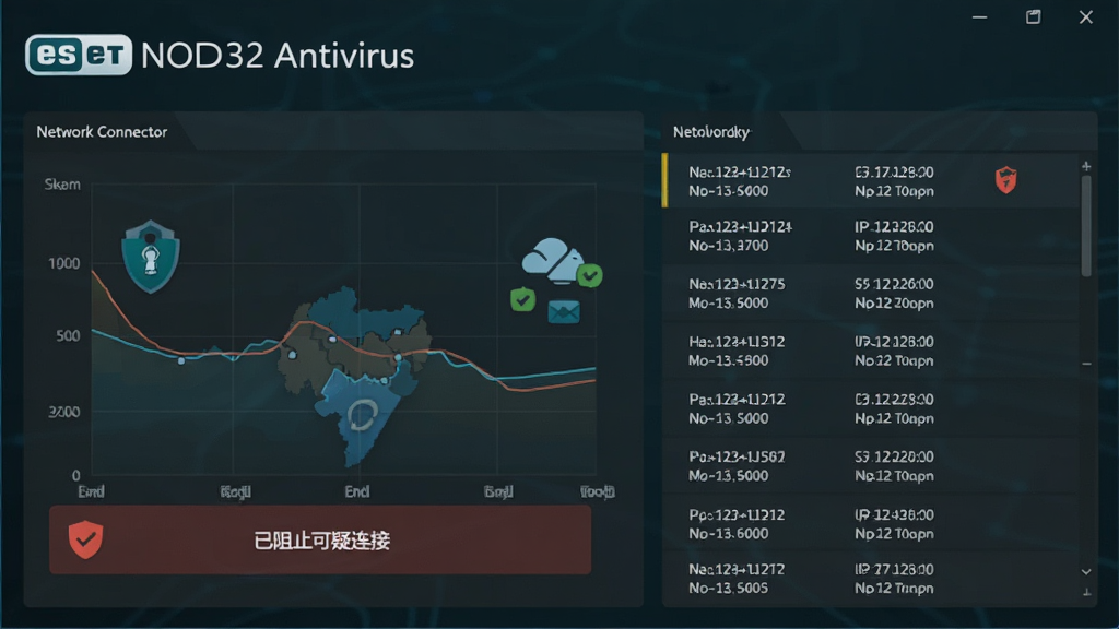 ���壺ESET NOD32 Antivirus ��������չʾ����������ܣ�������ʾ�������Ӽ��ͼ���Լ�������ֹ�������ӡ�����ʾ������Ϊͼ�����б������ʽ�����Ϊ��ɫ�Ƽ��У�ϸ�ڰ��� IP ��ַ���˿���Ϣ�͹������ͱ�ע�������������ɾ��޶���Ԫ�ء�