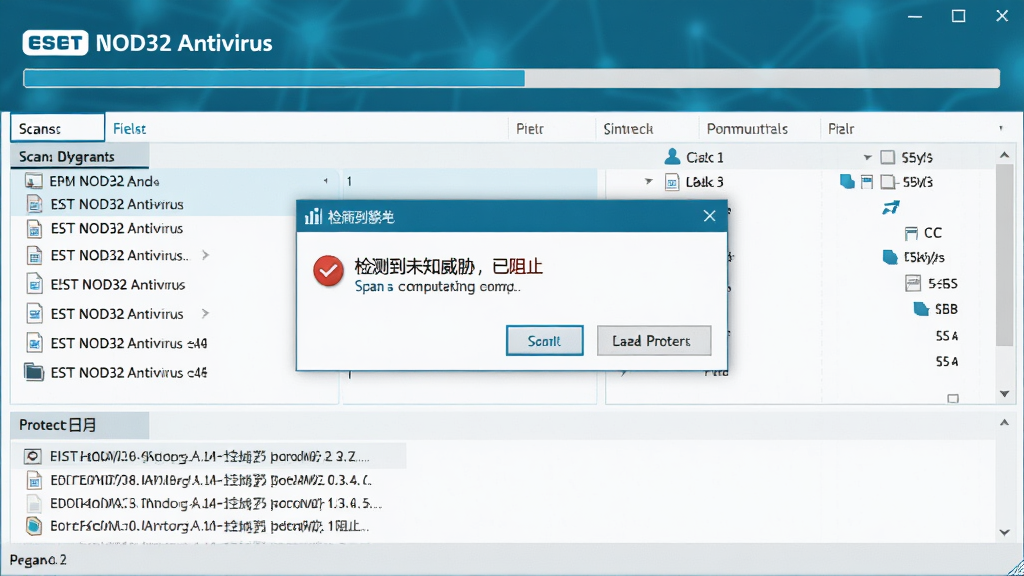 ���壺ESET NOD32 Antivirus ɨ���������ڹ���ʱ�Ľ����ͼ��������ʾɨ��������Լ�����⵽δ֪��в������ֹ���ĵ�����ʾ������Ϊ����ɨ�贰�ڣ����Ϊ�Ƽ�����ɫ����ϸ�ڰ���ɨ���ļ��Ķ�̬�б��ͷ�����־�������������ɾ��޶���Ԫ�ء�