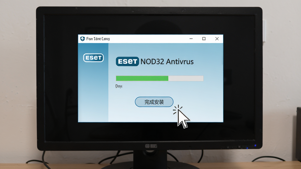 ���壺�û����ڵ����ϰ�װ ESET NOD32 Antivirus �Ľ��棬��Ļ��ʾ��װ�������͡���ɰ�װ����ť������Ϊ�����ھ�����ƣ����Ϊǳ��ɫ������ϸ�ڰ������ָ������ť�Ķ����������������ɾ��޶���Ԫ�ء�
