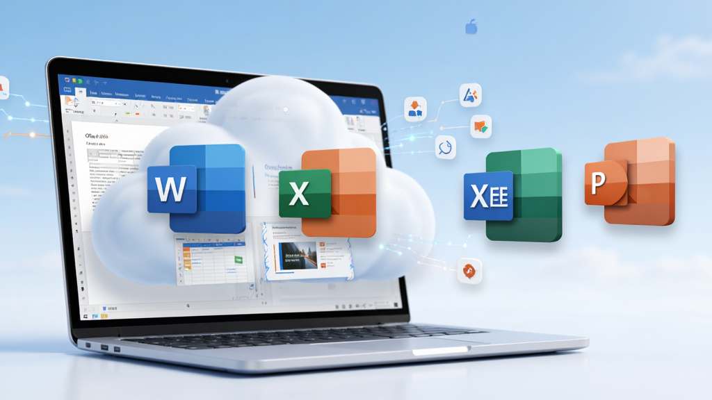 ���壺һ̨�ʼǱ�������Ļ��ʾ Office 365 �� Word��Excel��PowerPoint ͼ���������ƶ�֮�ϣ���Χ�м���Э�����š����֣�����λ�ڻ�������ƫ���Ҳ�Ϊ����Ӧ��ͼ����͸�����У�����Ϊ��ͽ������ɫ��ա��Ű棺ͼ���С���У�������к���Ӱ���������׺���������ִ�����Ƽ��У�����ͨ͸��ɫ����΢���ٷ������ȡ��̡���Ϊ��׺��ϸ�ڣ���Ļ�ڿɼ��ĵ���������ʾ�ĸ������ͼ���ƶ���������������������ɾ���������ʣ���������Ⱦ��ϸ�ڷḻ���ֱ���4K�����ʸɾ��޶���Ԫ�ء�