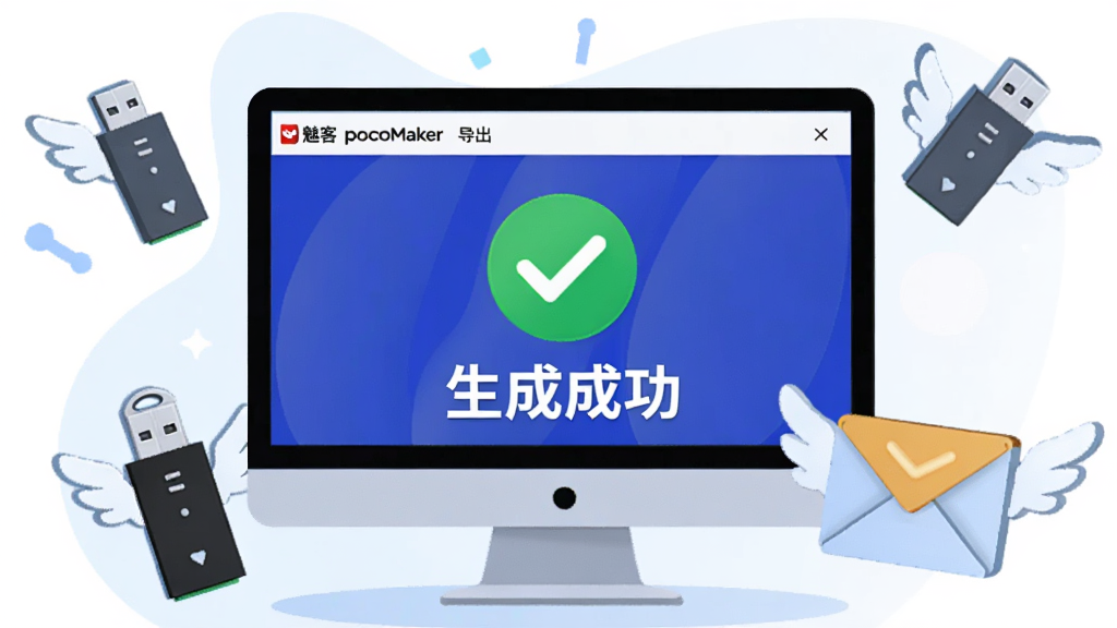 ���壺������Ļչʾ�ȿ�PocoMaker�ĵ����ɹ����棬�Ա���һ��U�̺��ʼ�ͼ�꣬��ʾ������ʽ�����֣����У�������Ļ������ʾ�����ɳɹ�����������Χ��ģ��ķ���ͼ�ꡣ�Ű棺�����Ŀ������ִ�ƽ��廭��ɫ�����졣ϸ�ڣ���Ļ����ʾһ���򹴵���ɫԲȦ��U�̺��ʼ�ͼ������С��򡣻��ʣ����壬�ɾ����޶���Ԫ�ء�