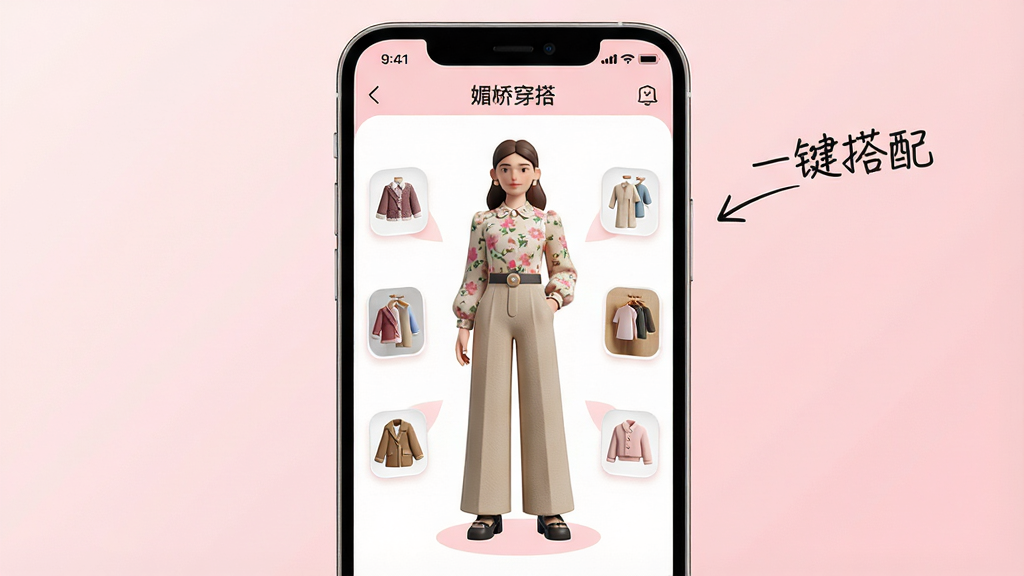 һ��չʾ���ܴ�����̵��ֻ������ͼ����ͼƬ������Ϊ�ֻ���Ļ�ڡ��Ľ����APP�ġ�����ħ��������ҳ�棬��Ļ����ʾһλģ�ش������黨������������ȿ���ϵ����ͣ���Χ�������³���ͼ�껷�ƣ�����д�塰һ�����䡱��������ͷ�����沼�����ֻ���ĻΪ���ģ�����Ϊ��͵�ǳ��ɫ���䣬�Ű�����ֱ�ۣ����Ϊ�ִ���ƽ��UI��ƽ��3DԪ�أ�ϸ����ͻ������������Ŧ���ʸУ����ʸɾ��������޶������֣����������Ľ����������