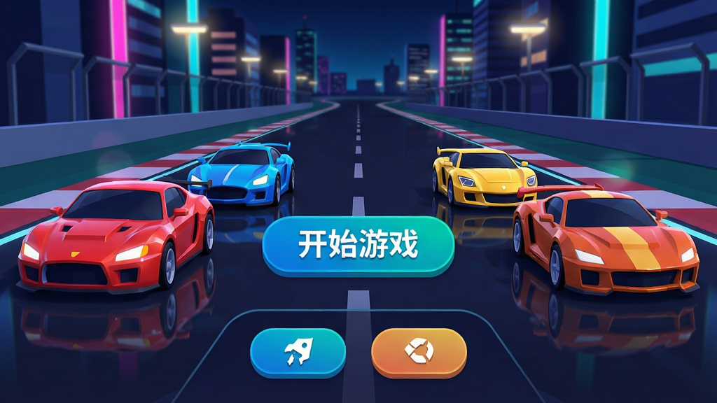 ���壺��Ϸ�����棬������ҹ���ĳ���������ǰ��չʾһ�Ų�ͬ��ɫ�Ϳ�ʽ�Ĵ�ѡ���������������С���ʼ��Ϸ����ť�����֣����������������У�����·��������Զ����UI��ťλ�ڻ����·��м䡣�Ű棺�����η���������չʾ���������ť����������������ִ���ƽ����3D��ϣ��޺�ƹ��׺��ɫ�����ޡ�ϸ�ڣ�ÿ�������й����䣬��ť�м��ͼ�꣬�����й���Ч�������ʣ������������޶������֡�