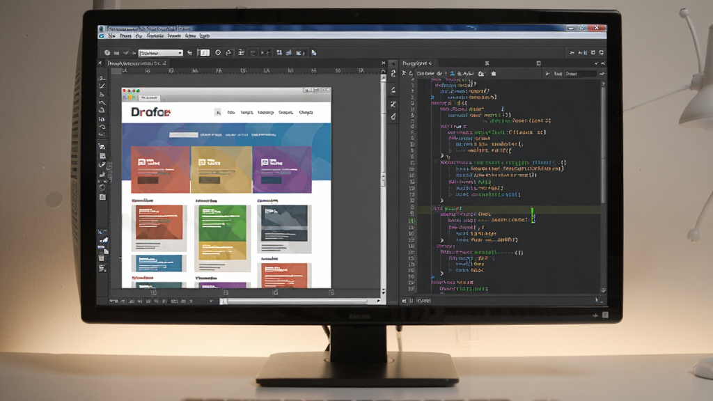 ������ĻǰչʾDreamweaver8�������棬���Ϊ�����ͼ�еĲ�ɫ��ҳ���֣��Ҳ�Ϊ���в�ɫ��������Ĵ���༭�����м��Ǵ�ֱ�ķָ�������������չʾ������ͼ�ĶԱȣ��������࣬�ƹ���ͣ��ɾ��޶���Ԫ�ء�