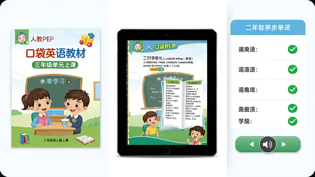 �ڴ�Ӣ��̲�ͬ��ѧϰ���棬չʾ�˽�PEP���꼶�ϲᵥԪ�б�������ǿα����棬�Ҳ��ǵ����б�����Ƶ���Ű�ť��������ƽ����ԺͿα��̲ģ��������ҶԳƣ��Ű����࣬�������ϸ������ɫ�Թ������ѧ�ᵥ�ʣ����������ɾ��޶���Ԫ��