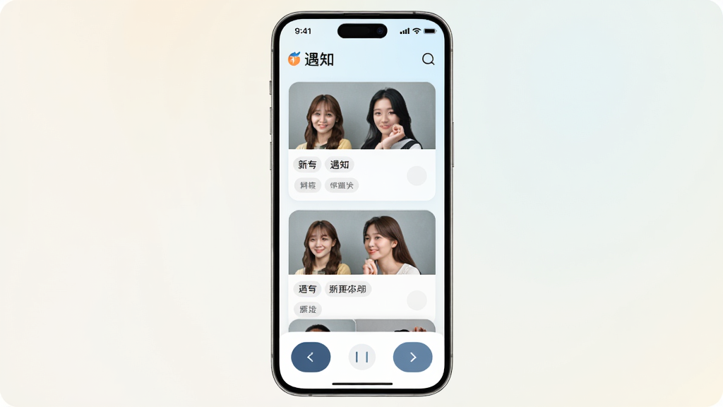 չʾ����֪��APP��ƥ���Ƽ�ҳ�棬�ֻ���Ļ���ж���û���Ƭ������ײ������һ�����ť����Ƭ����ʾ�û���Ƭ���ǩ������Ϊǳɫ���䣬�Ű�����������ִ���ϸ�ڷḻ�����ʸ��壬�ɾ����޶���Ԫ��