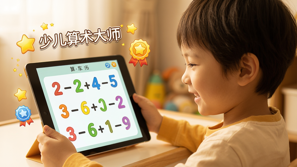 һ�Ŷ�ͯ��ʹ��ƽ�����ѧϰ��������ܰ���棬��Ļ����ʾ��ɫ������Ӽ�����Ŀ����Χ�����Ǻͽ���������Ч���������Ц�ݣ�������ůɫ��Ϊ����������Ȼ���ɾ��޶���Ԫ�أ������ٶ�������ʦ������