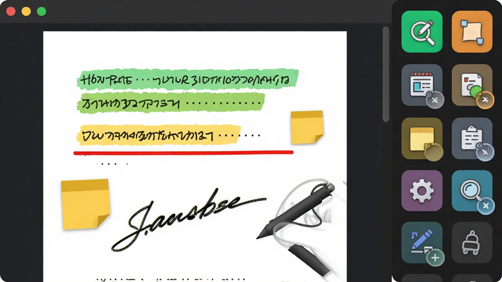 ����PDF�༭��ע����ʾ��ͼ��չʾ�ĵ�ҳ�����и������֡���ɫ�»��ߡ���ǩͼ�����д�ʼ����Ҳ๤������ʾ������ע����ͼ�꣬����ɫ������������ͼ�������ɼ������ʸɾ�����