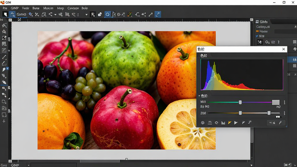 һ��GIMP���������ͼ����������ʾһ��ɫ�����޵�ˮ����Ƭ���Ҳ൯����ɫ�ס������Ի��򣬶Ի�����ֱ��ͼ�ͻ��������ɼ�����Ƭɫ�ʱ��Ͷȸߣ��Ա����ԣ��������࣬���ֺ�������������