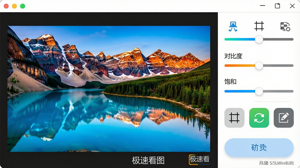 ���壺���ٿ�ͼ������ͼƬ�༭���棬�Ҳ���ʾ���ڹ��������������ȡ��Աȶȡ����ͶȻ��飬�Լ��ü�����ת����ע��ť�����֣����Ϊ�༭���ͼƬԤ�����Ҳ�Ϊ������壬��������ҽṹ���Ű棺����ͼ���������У�������ʽ�ִ���ɫ����������񣺼��ʵ�ã��Ѻ������֡�ϸ�ڣ�ͼƬ��һ��ɫ�����޵ķ羰�գ����ں�����������༭��ť�·��С����ٿ�ͼ��ˮӡ��ʶ�����ʣ�����ϸ�壬ɫ��׼ȷ���ɾ��޶���Ԫ�ء�