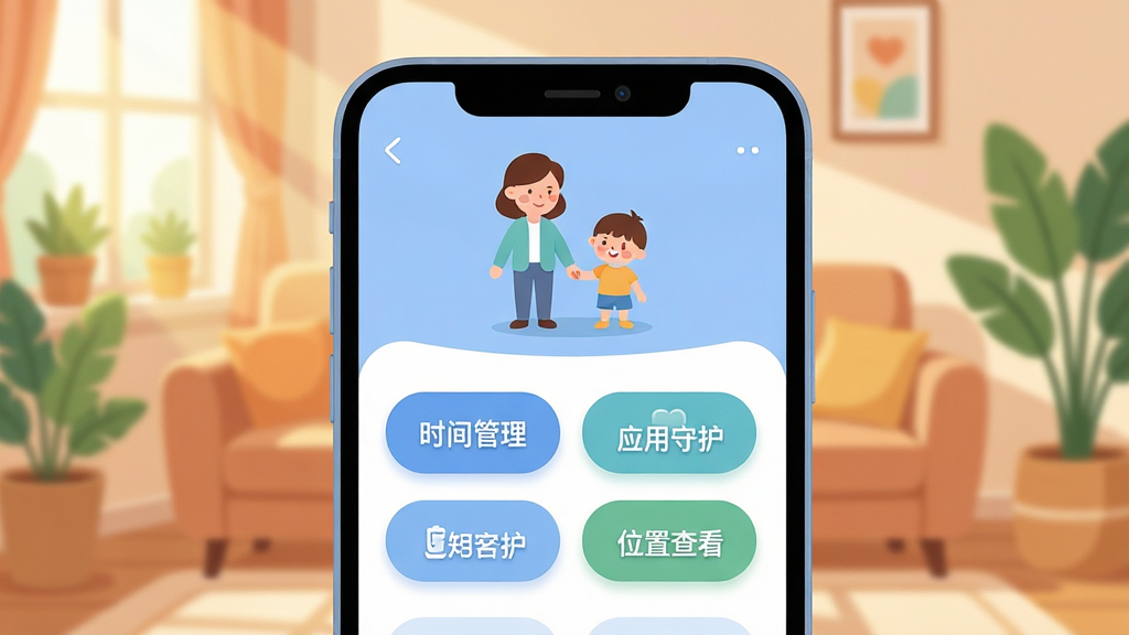 ��������Ϊһ�������ֻ���Ļ��д����Ļ����ʾ�ҳ��ܼҺ��Ӷ˵������棬��������͵�������ɫΪ�����Ϸ��п�ͨ���ļҳ��뺢��ǣ��ͼ�꣬�м�ֲ���ʱ�������Ӧ���ػ���λ�ò鿴��Բ�ǹ��ܰ�ť�����岼��������ࡣ����Ϊ��ܰ�ļ�ͥ����������ɳ������ֲ�黯������͸���������䡣���Ϊ��ƽ���廭�磬ϸ��Բ�󣬻��ʸɾ����޶���Ԫ�ء�
