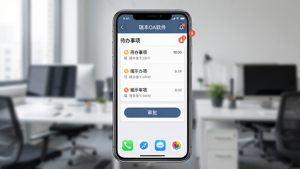 主体:手机屏幕展示瑞丰OA软件移动端界面,背景为办公场景,手机屏幕上显示待办事项列表和审批按钮,布局为手机竖屏样式,排版居中,风格写实,细节包括手机边框、通知角标、应用图标,画质高清干净,屏幕顶部显示“瑞丰OA软件”名称。